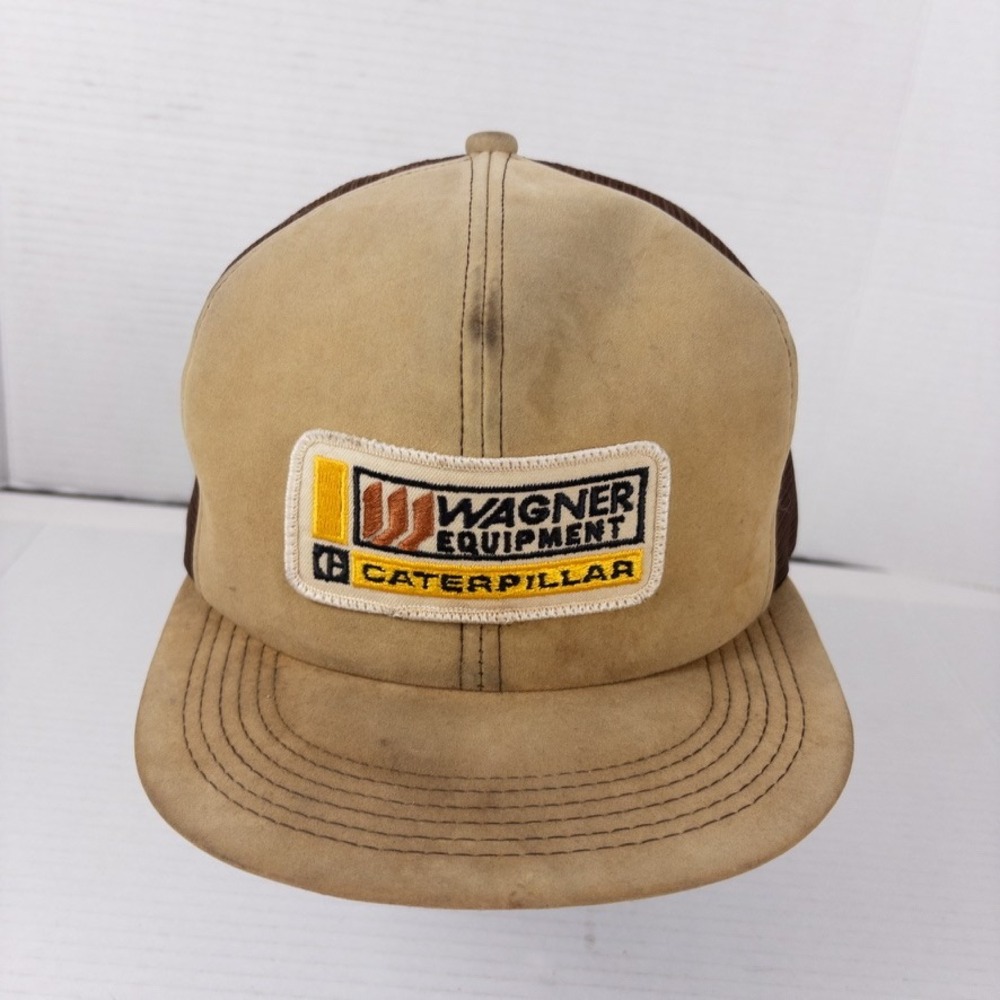 Caterpillar Wagner Equipment Hat Mens OSFM Brown Leather Mesh Trucker 70s 80s